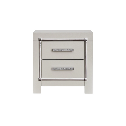 Opulent Silver Upholstered Panel King Bed Set with Metallic Gator Finish and Faceted Chrome-Tone Nightstands