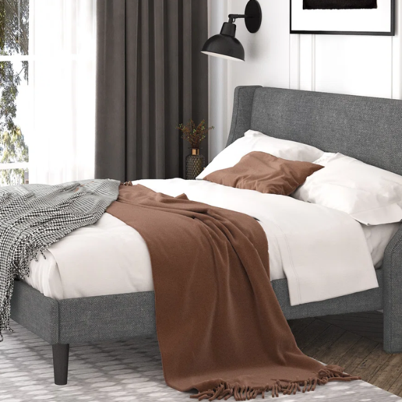 Luxurious King Size Upholstered Platform Bed with Deluxe Wingback Headboard – Soft Velvet and Linen Blend Upholstery, Sturdy Solid Wood Frame, and Modern Minimalist Design for Ultimate Comfort