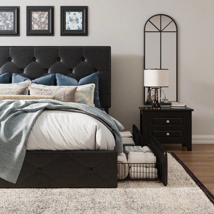 King Size Upholstered Platform Bed with Storage Drawers, Padded Headboard, and Sophisticated Button Tufting