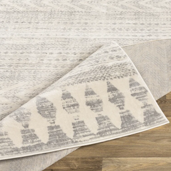 Southwestern-Inspired Geometric Rug – Gray Diamond, Chevron & Dot Patterns on Off-White, Stain-Resistant, Perfect for High-Traffic Areas