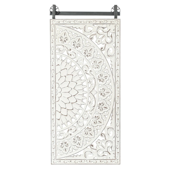 Boho Floral Wall Décor Set (Set of 2) – Hand-Carved Flower Medallion Panels with Modern Farmhouse Iron Bar Accent