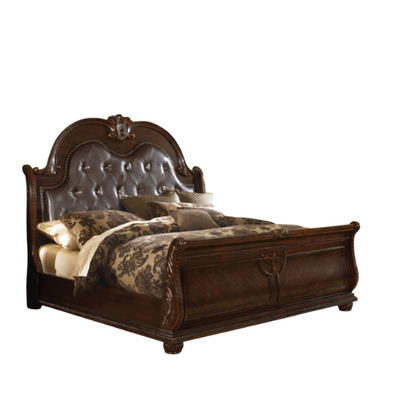 Classic Elegance 5-Piece Queen Bedroom Set in Dark Walnut with Button-Tufted Headboard, Marble-Topped Nightstand, 11-Drawer Dresser, Beveled Mirror, and Storage Chest