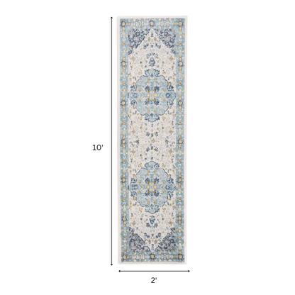 Distressed Oriental-Inspired Indoor Rug – Blue, Yellow & Cream Medallion Pattern, Stain-Resistant, Fade-Resistant, Perfect for Traditional & French Country Décor