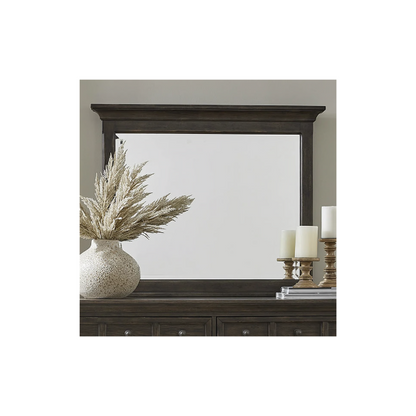 Rustic Elegance 3-Piece King Panel Bed, Dresser & Mirror Set in Saddle Brown – Crafted with Rubberwood and Split Heart White Oak Veneers, Soft-Close Drawers, Cedar Lining, Antique Pewter Hardware, and Crown Molding Details