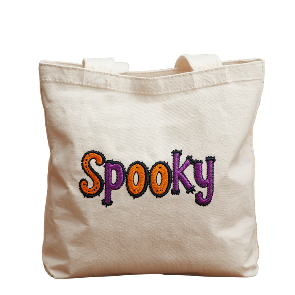 Spooky Canvas Tote Bag with Embroidered Bubble Letters