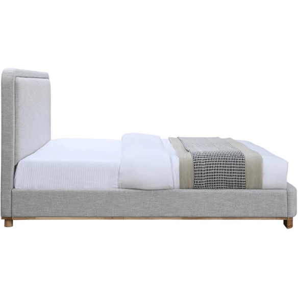 Luxurious Linen Textured Fabric King Size Upholstered Panel Bed with Solid Wood Base