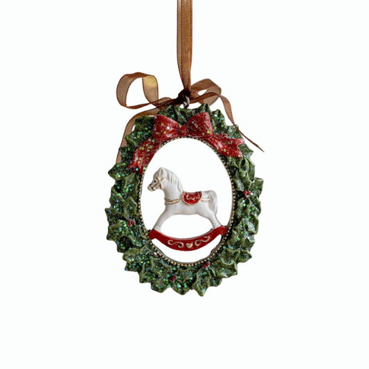 Garland Rocking Horse Christmas Ornament – Vintage Holiday Décor with Red Bow and Glitter Accents