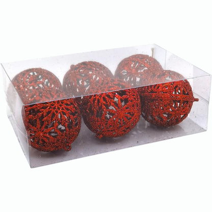 Red Glitter Snowflake Christmas Ball Ornaments – Set of 6 Decorative Holiday Baubles