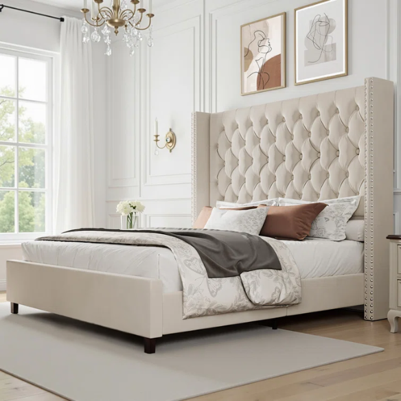 Queen Size Upholstered Velvet Bed – The Epitome of Luxury and Comfort with Majestic 61.4-Inch Extra-High Headboard