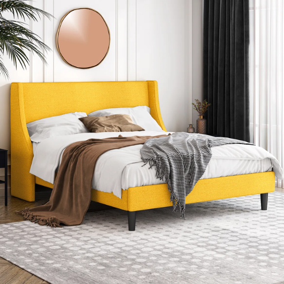 Modern Queen Size Upholstered Platform Bed with Deluxe Wingback and Linen Blend Fabric