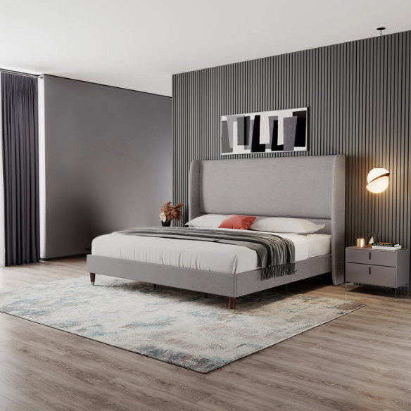 Queen Size Sleek and Minimalist Upholstered Platform Bed with Soft Linen Fabric – Elegant and Modern Design
