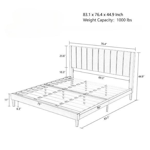 King Size Upholstered Platform Bed with Velvet Headboard, Foam Padding, and Noise-Free Construction for Ultimate Comfort