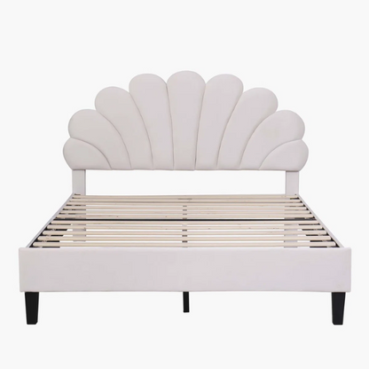 Upholstered Platform Bed with Flower Pattern Velvet Headboard – Full/Double Size, Elegant Design for Modern Bedrooms