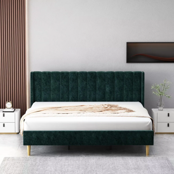 Luxury Corduroy Upholstered King Size Platform Bed Frame - Stylish Modern Wingback Design with Ultimate Comfort