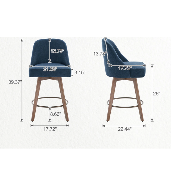 Modern Counter Height Swivel Bar Stool – Upholstered Faux Leather/Polyester Blend Seat, Solid Beech Wood Frame, Ergonomic High Back, Bronze Metal Footrest, 300lb Capacity for Kitchen, Bar, or Pub