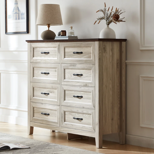 French Country-Inspired 8-Drawer 47.3" Double Dresser with Rustic Finish, Crown Molding, and Tapered Legs