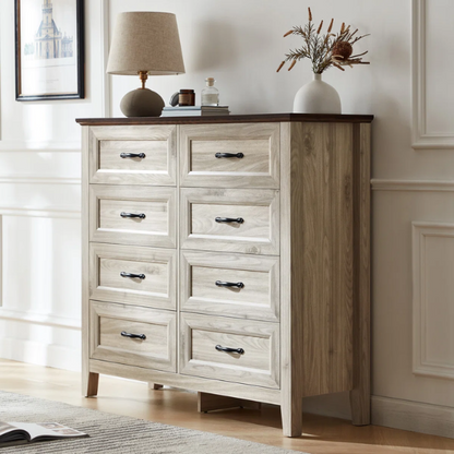 French Country-Inspired 8-Drawer 47.3" Double Dresser with Rustic Finish, Crown Molding, and Tapered Legs
