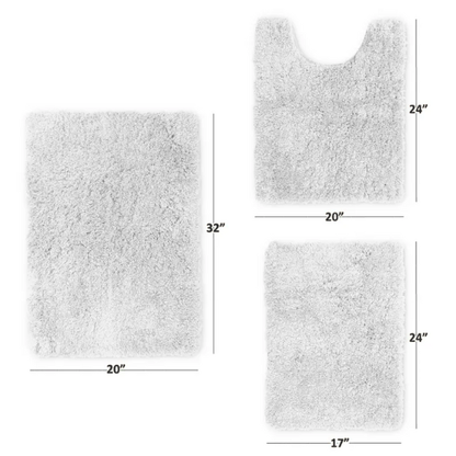 White Shaggy Bath Rug Set – Ultra-Soft Microfiber Non-Slip Bathroom Mat with Rubber Backing (2 or 3-Piece Set)