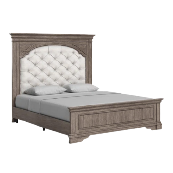 3-Piece Rustic Upholstered Panel Queen Bedroom Set in Driftwood Grey or Rustic Ivory – Includes Nightstand, Double Dresser with Mirror, and Button-Tufted Bed with Nailhead Trim