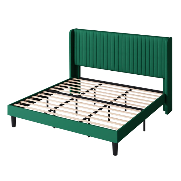 Luxurious King Size Upholstered Velvet Platform Bed with Modern Wingback Headboard – Heavy-Duty Steel Frame, No Box Spring Needed, and Ample Under-Bed Storage