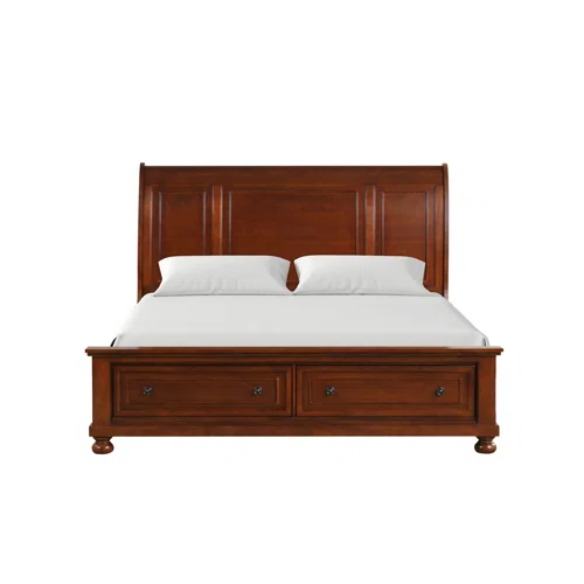 Cherry Brown King Size Platform Bedroom Set with Real Wood Veneers, Full Extension Footboard Storage Drawers, and Matching Large-Scale Dressers, Nightstands, and Mirror