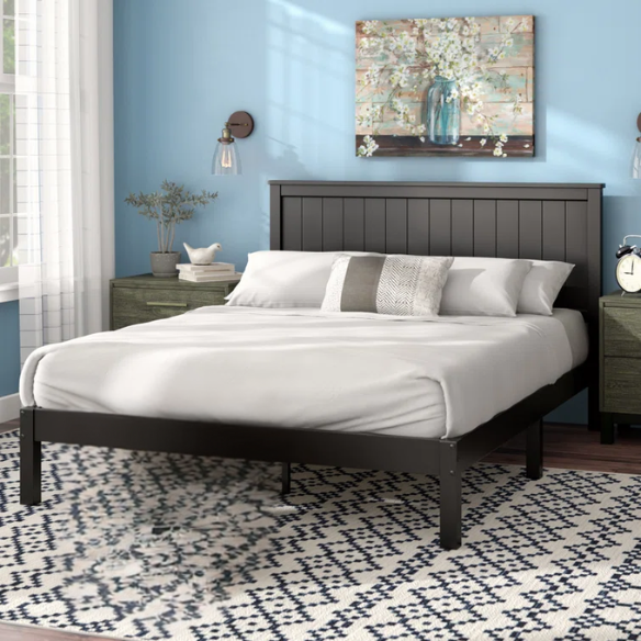 Modern Farmhouse King Size Solid Wood Platform Bed with Slat-Style Headboard and Matte Black Finish