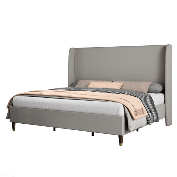 King Size Upholstered Platform Bed with Wingback Design, Foam-Padded Linen Headboard, and Steel Reinforced Frame