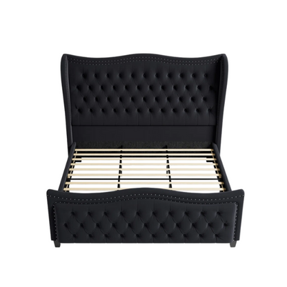 Gem-Tufted Queen Size Upholstered Wingback Bed with Curved Design
