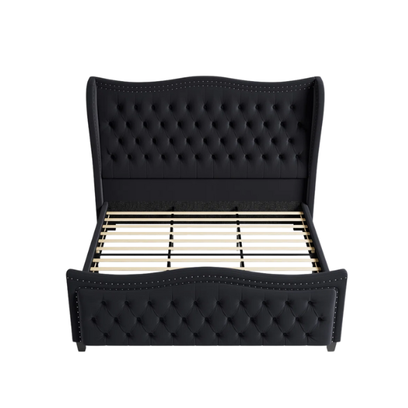Gem-Tufted Queen Size Upholstered Wingback Bed with Curved Design