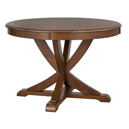 Charming Country-Style Dining Set with Rustic Appeal – Round Table & Geometric Back Chairs