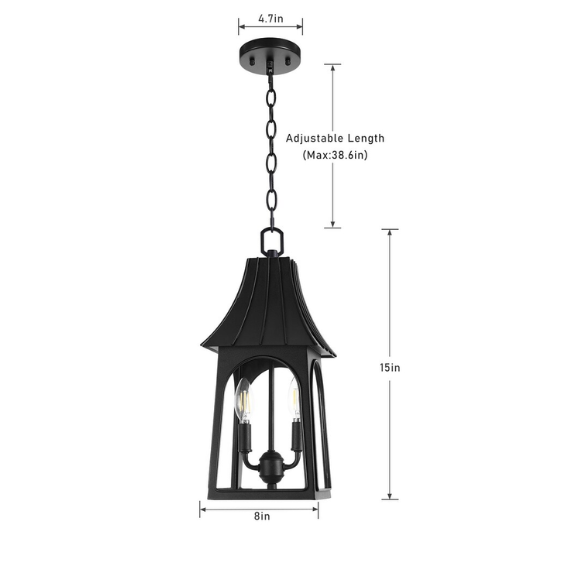 2-Light Black Outdoor Hanging Lantern Fixture with Clear Glass Shade – Modern Industrial Design for Porch, Patio, and Entryway