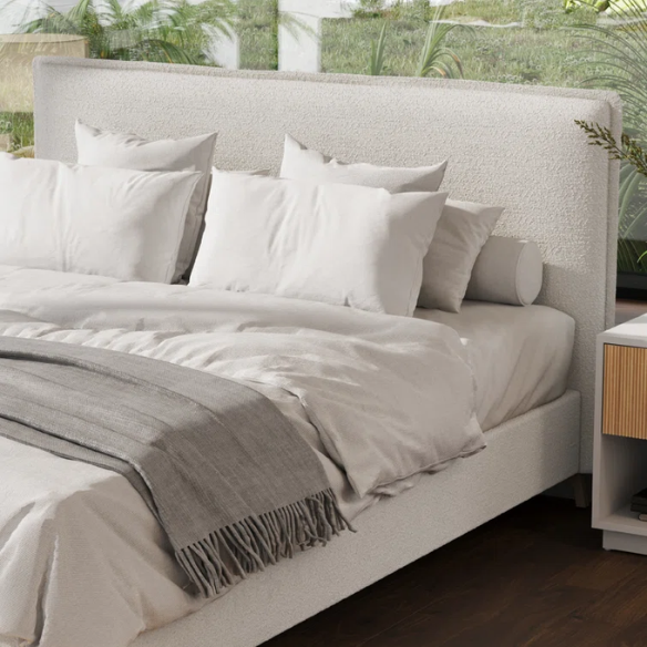 Luxurious King Size Flange-Edge Bouclé Bed Frame with Padded Headboard – Soft, Textured Fabric, Solid Wood Support