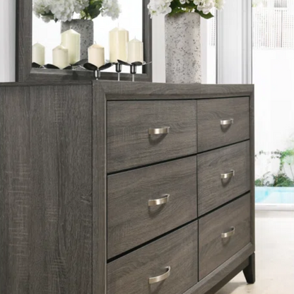 Rustic Cabin-Inspired 5-Piece Queen Bedroom Set with Carved Wood Panel Bed, Metal Hardware, and Dark Gray Brushed Finish