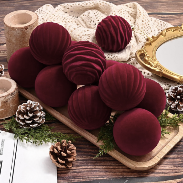 Burgundy Velvet Christmas Ball Ornament Set – 9-Piece Luxury Holiday Décor (10 cm / 3.94 in)