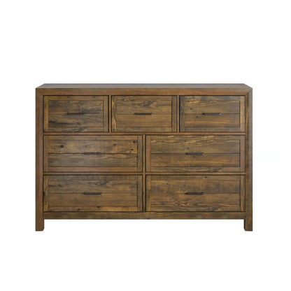Rugged and Weathered 5-Piece King Bedroom Set – Solid Pine Wood Frame with Dark Brown Finish, Ball-Bearing Glide Drawers, Weathered Steel Hardware, and Ample Storage
