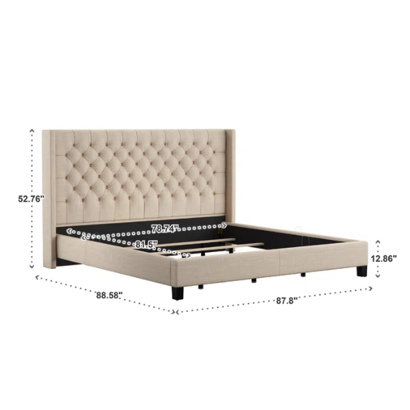 King Size Upholstered Wingback Bed with Linen Fabric, Tapered Legs, and Button Tufted Headboard