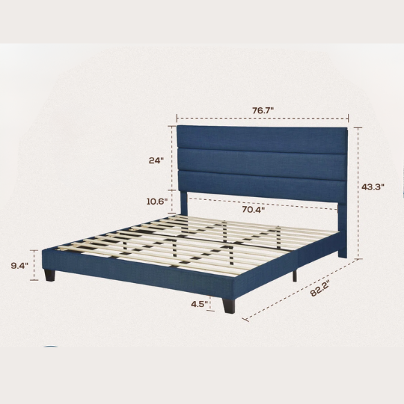 King Size Upholstered Platform Bed with Steel Frame, Foam Padding, and Durable Slat Support