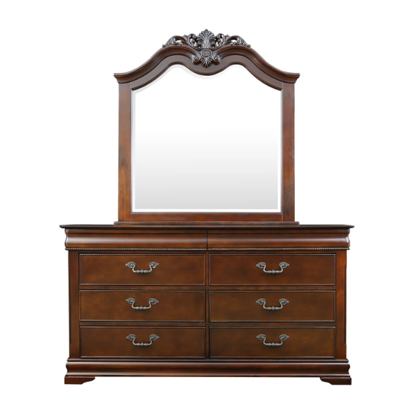 Traditional Elegance 4-Piece Queen Bedroom Set in Cherry Brown with Carved Accents, Camelback Bed, Nightstand, Dresser, and Mirror