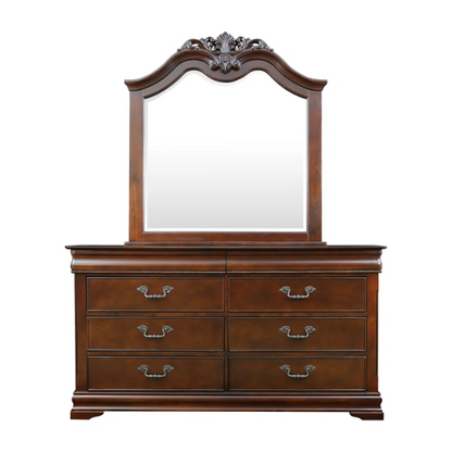 Traditional Elegance 4-Piece Queen Bedroom Set in Cherry Brown with Carved Accents, Camelback Bed, Nightstand, Dresser, and Mirror