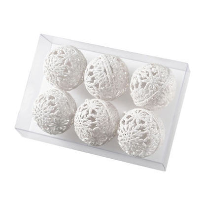 Off-White Glitter Snowflake Christmas Ball Ornaments – Set of 6 Decorative Holiday Baubles