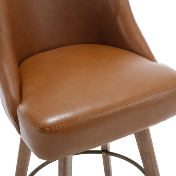 Modern Counter Height Swivel Bar Stool – Upholstered Faux Leather/Polyester Blend Seat, Solid Beech Wood Frame, Ergonomic High Back, Bronze Metal Footrest, 300lb Capacity for Kitchen, Bar, or Pub