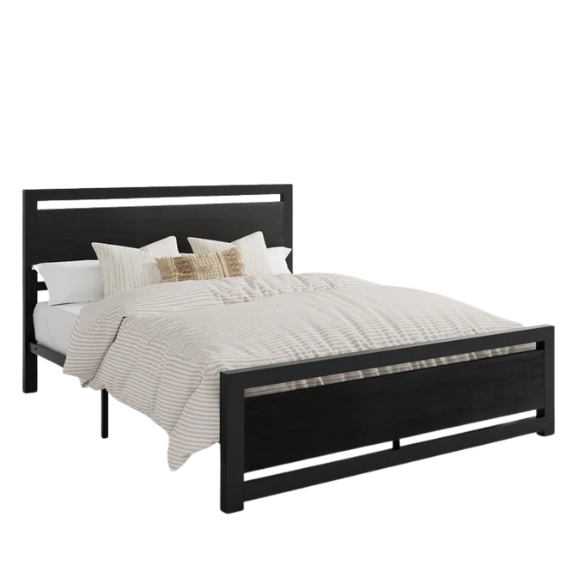 Queen Size Wood and Black Metal Frame Bed with Headboard – Modern Design with Rustic Distressed Wood Accents