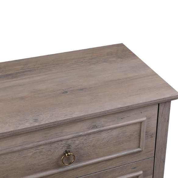 French Country-Inspired 5-Drawer Chest with Metal Ring Handles, Paneled Detailing, and Classic Crown Molding