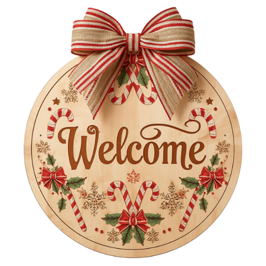 Round Wooden Christmas Welcome Sign with Red Striped Bow