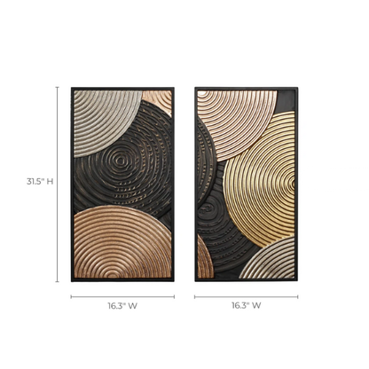 Modern Abstract Metal Wall Art (Set of 2) – Elegant Iron Sculpture with Textured Discs in Gold, Black, Rose Gold, and Gray for Bold, Contemporary Home Decor