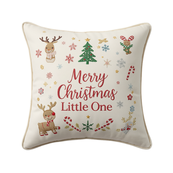 Off-White Throw Pillow with Embroidered Christmas Illustrations and 