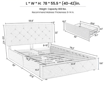 Button Tufted Upholstered Platform Storage Bed – Full Double Size with Spacious Drawers