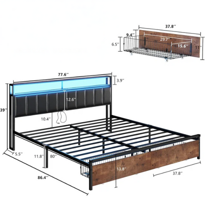 Modern LED King Size Bed Frame with Storage Drawers and Built-in Charging Station