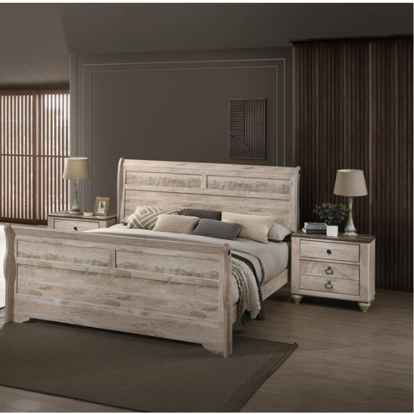 Shabby Elegance 5-Piece Sleigh Queen Bedroom Set – Vintage White-Washed Finish, Designer Antique Metal Pulls, and Spacious Drawers with Felt-Lined Top Drawers