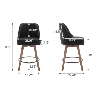 Modern Counter Height Swivel Bar Stool – Upholstered Faux Leather/Polyester Blend Seat, Solid Beech Wood Frame, Ergonomic High Back, Bronze Metal Footrest, 300lb Capacity for Kitchen, Bar, or Pub